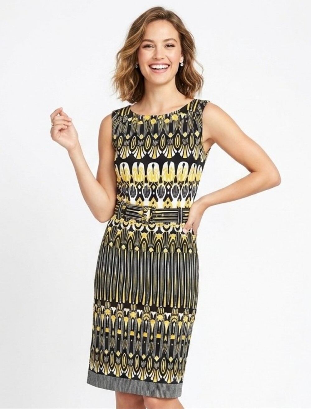ILE New York Women's Plus Size Sleeveless Pattern Dress With Belt
